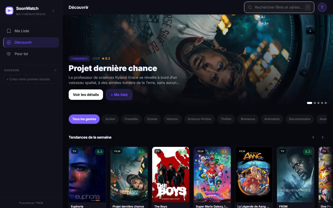 Page Découvrir SoonWatch - films et séries par catégories